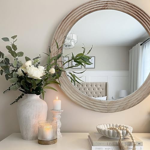 LOSOUR Round Mirror, Farmhouse Decor Solid Wood Frame Wall Circle Mirror, Decorative Mirrors for Bathroom Over Sink, Living Room, Entryway,Bedroom, Entryway, Hallway,Foyer (1, Brown, 24" L x 24" W) - color: Brown