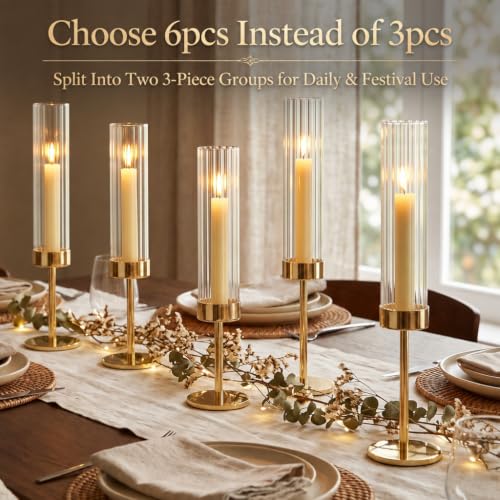 Gold Hurricane Taper Candle Holders,2 Sets(6 Pcs) Brass Candlestick Holders with Ribbed Glass Cylinder, Table Centerpiece Decor for Wedding, Party, Halloween,Christmas & Home Decoration