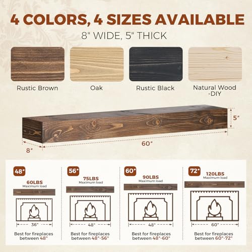 60x8x5in Pine Wood Fireplace Mantel Shelf, Weathered Brown - color: Weathered Brown, size: 60x5x8-hollow