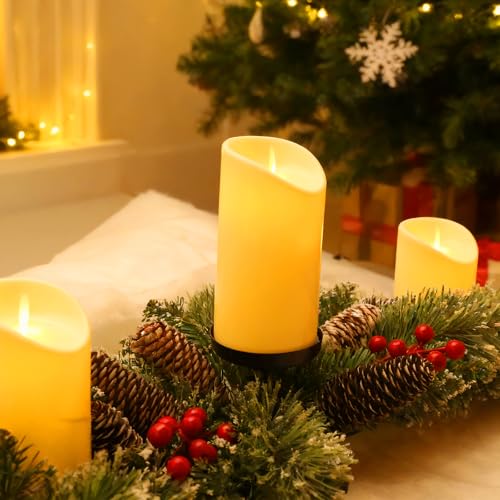 Christmas Candle Holder with 3 Electric Candles, Tabletop Decoration for Christmas Home Decor, Holiday Party Table Decorations Candle Holder with Pine Cone, Red Ball, Pine Needle