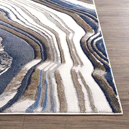 Abani 4’ x 6’ Modern Topography Design Blue Washable, Grey & Gold Area Rug Rugs Modern Pattern Dining Room Rug