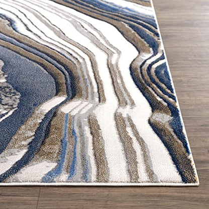 Abani 4’ x 6’ Modern Topography Design Blue Washable, Grey & Gold Area Rug Rugs Modern Pattern Dining Room Rug