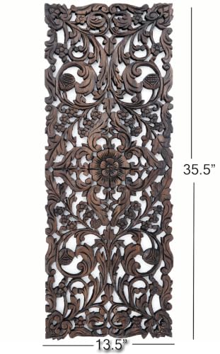 Large Carved Wood Floral Wall Panel. Tropical Asian Home Decor in Dark Brown Finish, Size 35.5"x13.5"