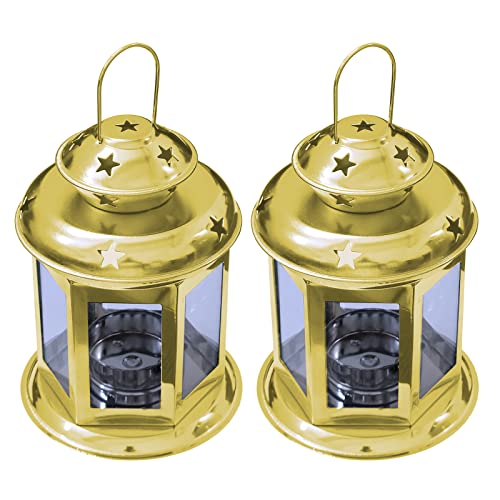 2 Pcs European Design Antique Glass Hanging Candle Lanterns with Stars Metal Frame Candlestick Holder Night Lamp, Romantic Xmas Wedding Party Decoration (Gold) - color: Gold