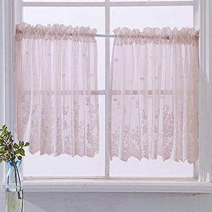 vctops Lace Sheer Kitchen Tier Curtain Set Floral Embroidered Cafe Tiers Rod Pocket Small Half Window Curtains 2 Panels (29" x 24", Pink) - color: Pink, size: 29"W x 24"L (Pack of 2)