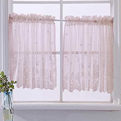 vctops Lace Sheer Kitchen Tier Curtain Set Floral Embroidered Cafe Tiers Rod Pocket Small Half Window Curtains 2 Panels (29" x 24", Pink) - color: Pink, size: 29"W x 24"L (Pack of 2)