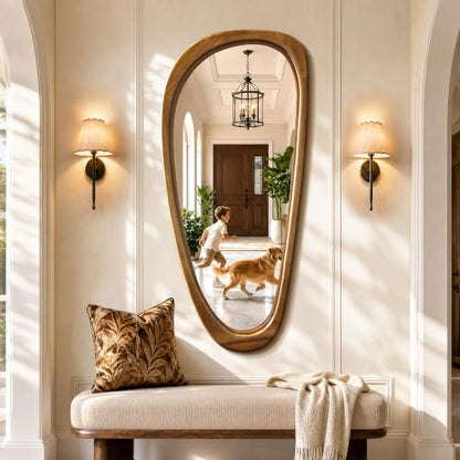 48" x 22" Asymmetrical Mirror, Solid Wood Frame, Irregular Design - color: Brown, size: 48"L x 22"W
