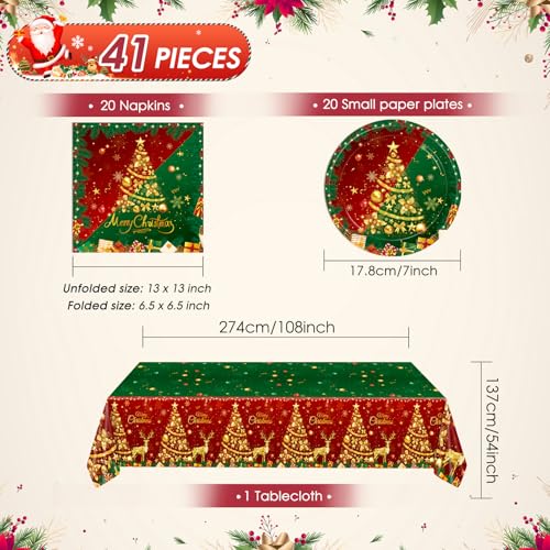 41PCS Christmas Party Supplies Merry Christmas Dessert Paper Plates Napkins and Plastic Tablecloths Tableware Set for Holiday Xmas Party Decorations Supplies Tables Decor Favors Serve 20 Guests - color: Merry Christmas