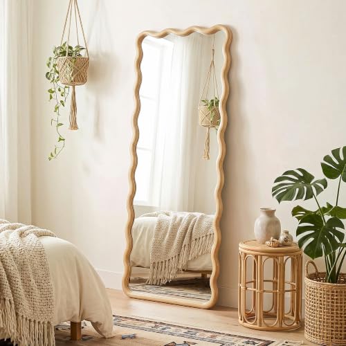 Full Length Mirror, 55”x20” Wavy Wood Floor Mirror for Wall - size: 55"L x 20"W