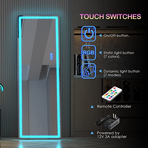 LVSOMT 63 x 20 in Full Length Mirror with LED Lights, RGB Lighting, White - color: White, size: 63"L x 20"W