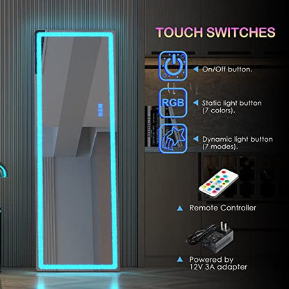 LVSOMT 63 x 20 in Full Length Mirror with LED Lights, RGB Lighting, White - color: White, size: 63"L x 20"W
