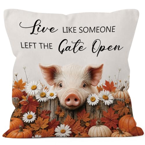 Fall Pig Daisy Floral Pumpkin Maple Leaf Throw Pillow Covers 18x18 - color: Pig-02