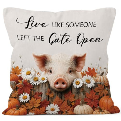 Fall Pig Daisy Floral Pumpkin Maple Leaf Throw Pillow Covers 18x18 - color: Pig-02