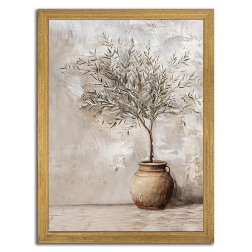 Vintage Olive Tree Canvas Wall Art, Farmhouse Aesthetic Oil Painting, Rustic Potted Plant Wall Decor, Neutral Botanical Print Artwork Picture for Living Room Kitchen Home Decor 16x24 Inch Framed - color: Retro Gray, size: 24"L x 16"W
