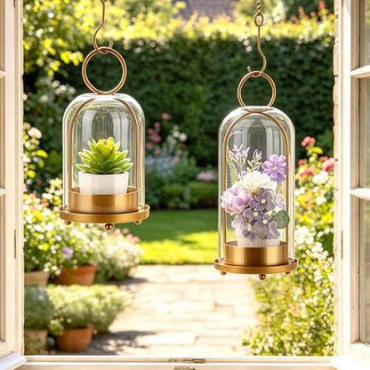 5"&4" Hurricane Glass Candle Holder Set - Hanging Pillar Candle Lantern with Glass Chimney, Metal Frame for Wedding Centerpieces Dining Table Mantel Holiday Home Decor