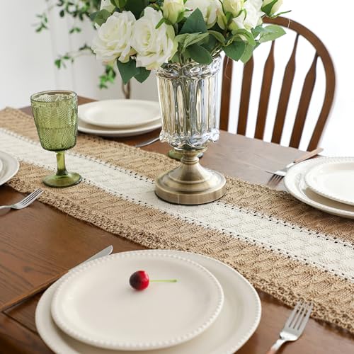 Simple&Opulence Boho Macrame Table Runner - 12 x 90 Inch, Splicing Burlap Farmhouse Cotton Table Runner with Fringed Edges for Bohemian Rustic Wedding, Bridal Shower, Dinner （Brown & White） - size: 12"x90", style: White