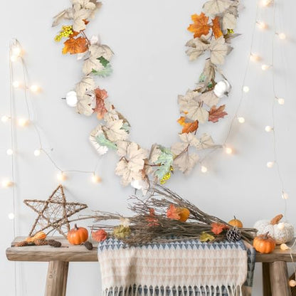 2 Pack Fall Garland with Pumpkins and Berries – 6ft Artificial Maple Leaf Garlands with Cream and Orange Leaves for Thanksgiving, Fireplace, Front Door, Farmhouse Autumn Decorations