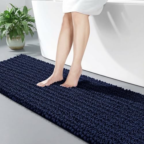 Disolla Navy Blue Bathroom Runner Rug 24x60 Inch - Large Long Chenille Bath Mat, Thick Shaggy Plush Absorbent Floor Mat, Non-Slip Runner for Master Bathroom and Bedside - color: Navy Blue, size: 2' x 5' (24''x60'' Bathroom Rug)