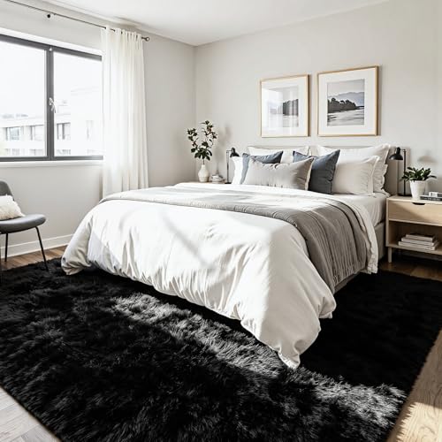 4x6 Fluffy Area Rug for Living Room: Soft Non-Slip Black Bedroom Carpet - color: Black, size: 4' x 6' (Rectangular)