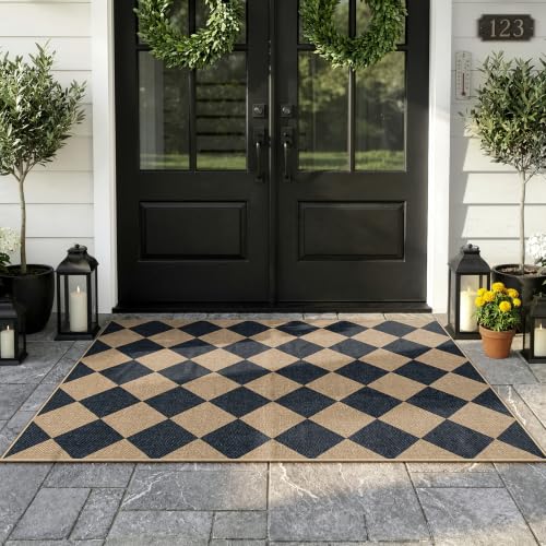 Lahome Checkered Easy Jute 3x5 Entryway Front Porch Rug, Black Diamond Indoor Outdoor Patio Layering Rug, Washable Farmhouse Neutral Non Slip Non Shedding Door Carpet for Backyard Blacony - color: Black/Checkerboard -2, size: 3' x 5' (Rectangular)