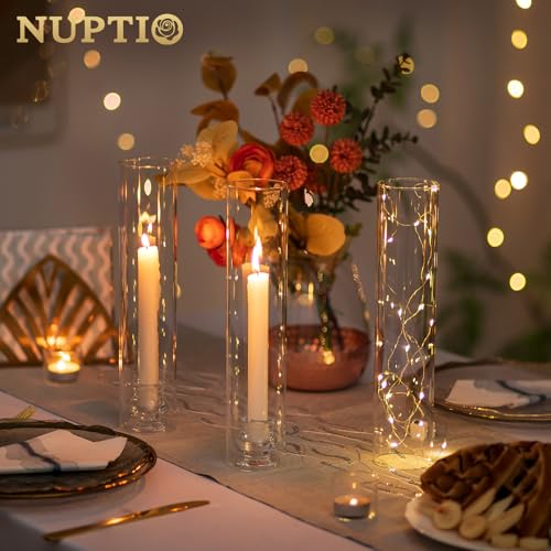 NUPTIO Hurricane Glass Candle Holders for Wedding - 12" H Set of 10