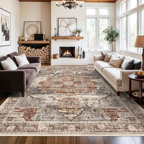 RUUGME Washable 9x12 Area Rugs - Large Rugs for Living Room Stain Resistant Carpet Vintage Rugs for Bedroom with Non Slip Backing Home Decor Floor Decoration Mat (9x12 Brick) - color: Brick, size: 9' x 12' (Rectangular)