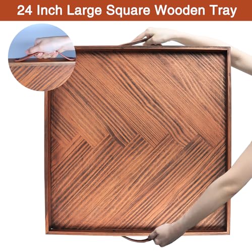SXNOWS Wooden Serving Tray with Leather Handles, 24x24 in - size: 24" x 24" x 1.6"
