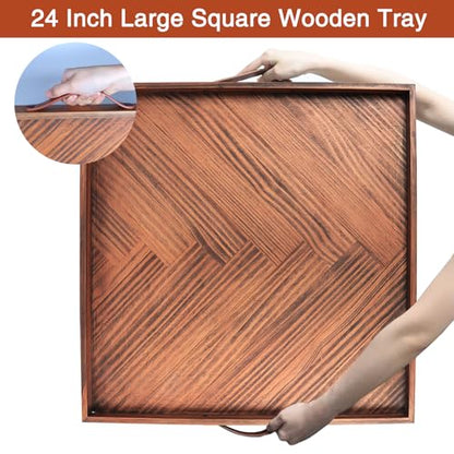 SXNOWS Wooden Serving Tray with Leather Handles, 24x24 in - size: 24" x 24" x 1.6"