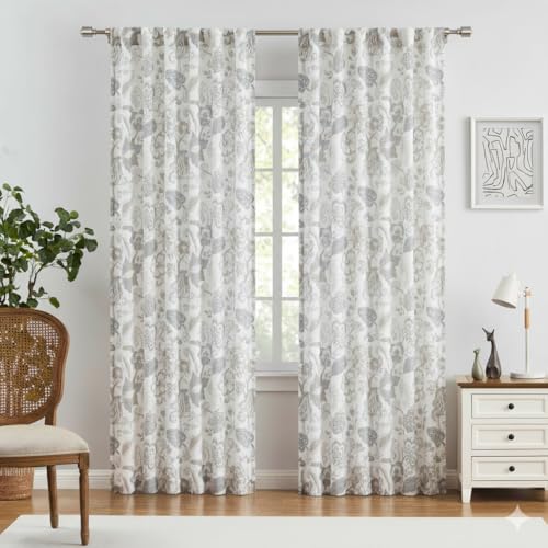 Kayne Studio Grey Jacobean Floral Rod Pocket Semi Sheer Curtains 84 Inches - color: Linen Grey, size: 52"W x 84"L (Pack of 2)