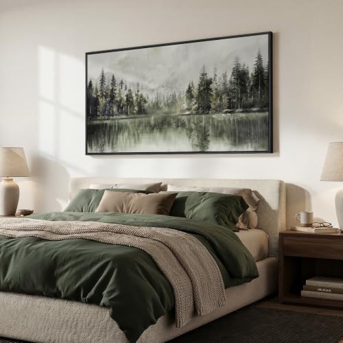 Framed Pine Tree Forest Lake Landscape Wall Art for Living Room, 60x30 Inch - color: Gray Green