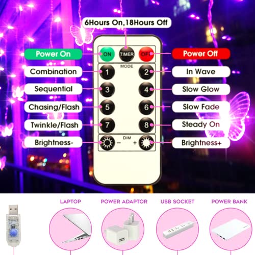 120 LED Butterfly Curtain Fairy Lights USB Plug in,8 Modes 20FT Firefly Twinkle Timer String Lights with Remote, Waterproof Copper Wire for Bedroom Valentine's Day Wedding Party(Pink) - color: Pink