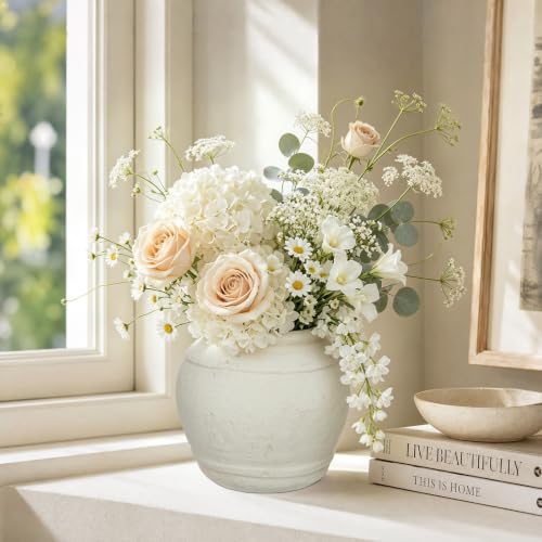 Briful Rustic Ceramic Farmhouse Vase, 5.9" Vintage Textured Pottery Jar - color: Cream White#753