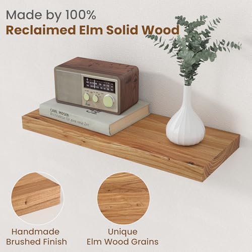 Floating Shelves for Wall, 8" Deep Elm Wood Shelves, 20in Set of 2, Natural - color: Natural, size: Flat Edge, 20inch, 2Packs