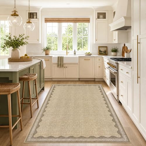 GarveeHome Scalloped 4 x 6 Rug Non-Slip Washable Low-Pile Carpet - Solid Tan Jute Digital Printing Modern Rugs for Bedroom Living Room Nursery Kitchen Indoor Mat with Rubber Back - color: Jute, size: 4' x 6' (Rectangular)