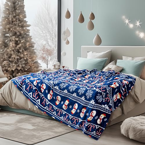 PAVILIA Christmas Snowman Throw Blanket, Blue Holiday Fleece Decor, 60x80 - color: Blue Christmas, size: 60 x 80 Inches - Twin