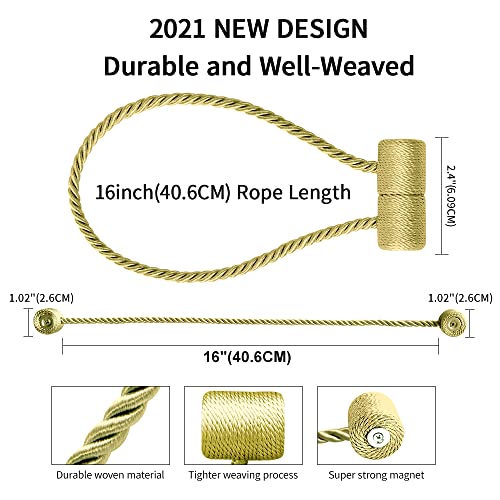 YUNGOO 18 Inch Strong Magnetic Curtain Tiebacks, Curtain Holdbacks Modern Upgrade Strong 2021 New Twisted Style Decorative Drapery Rope Tie Backs (Gold, 2) - color: Gold