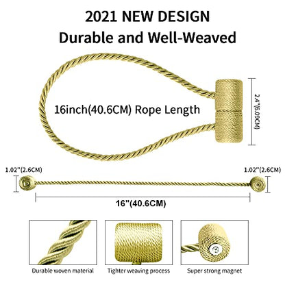YUNGOO 18 Inch Strong Magnetic Curtain Tiebacks, Curtain Holdbacks Modern Upgrade Strong 2021 New Twisted Style Decorative Drapery Rope Tie Backs (Gold, 2) - color: Gold