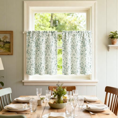 VOGOL Blue Leaf Print Tier Curtains, 36" Length Faux Linen Rod Pocket Half Curtain Light Filtering Panels for Kitchen Window or Bedroom, 2 Pieces, 30 x 36 Inches - color: Blue, size: 30"W x 36"L (Pack of 2)