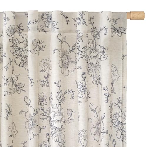 LAMIT Vintage Floral Linen Curtains 84 Inch Long for Living Room, 2 Panels - color: Black on Beige, size: 52"W x 84"L (Pack of 2)