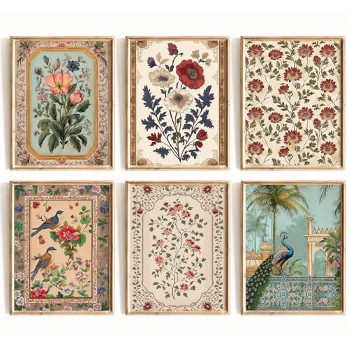 Indian Wall Art Vintage Floral Canvas Poster India Wall Decor Folk Flower Prints Scandinavian Pictures Antique Botanical Painting Gallery Artwork for Bedroom Living Room 8x10 Inch Unframed Set of 6 - color: Indian Floral Prints, size: 8"x10" Unframed