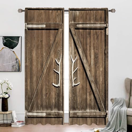 Wooden Barn Door Rustic Brown Barnwood Living Room Bedroom Window Curtains - color: D-brown, size: 52"W x 84"L (Pack of 2)