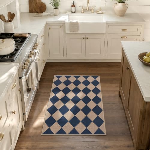 Easy Jute Kitchen Rug 2x3 Front Door Mat Washable Non Slip Entryway Rug Farmhouse Neutral Low Pil Carpet for Entryway Proch Doorway - color: Blue/Checkered, size: 2'*3'(Rectangular)