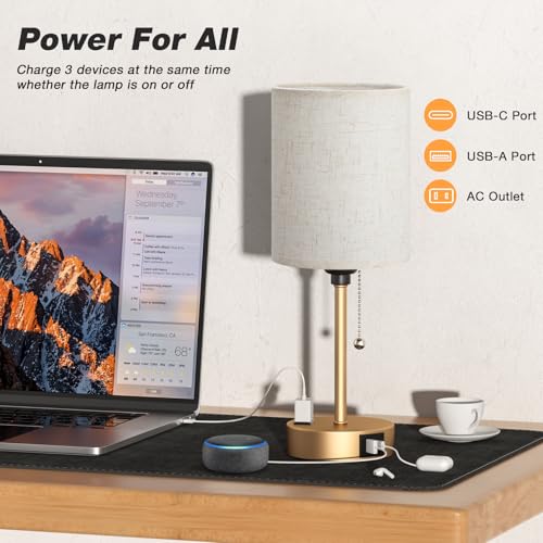 Small Bedside Table Lamp for Bedroom, Desk Lamp with USB Ports for Dorm - color: Cream - Gold, size: 14.6 in