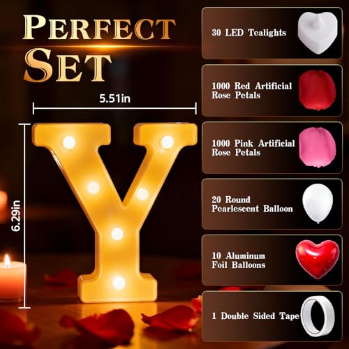 I Love You Light Up Letters Sign, with 30 Tea Lights Candles, Rose Petals, Round Pearlescent Balloon, Aluminum Balloons, Romantic Valentine's Day Wedding Engagement Birthday Party Decoration - color: I LOVE YOU