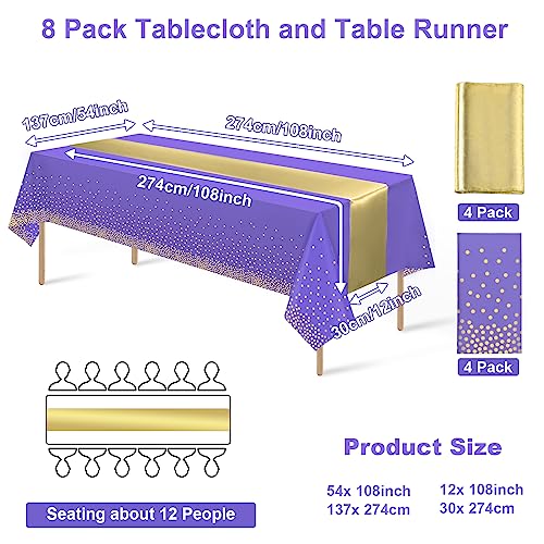 8Pack Disposable Plastic Tablecloths and Satin Table Runner Set Purple and Gold Dot Tablecloth Gold Satin Table Runner for Wedding Birthday Baby Shower Anniversary Christmas New Year Party Supplies - color: Purple and Gold, size: 8 Pack