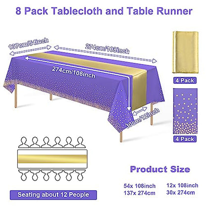 8Pack Disposable Plastic Tablecloths and Satin Table Runner Set Purple and Gold Dot Tablecloth Gold Satin Table Runner for Wedding Birthday Baby Shower Anniversary Christmas New Year Party Supplies - color: Purple and Gold, size: 8 Pack