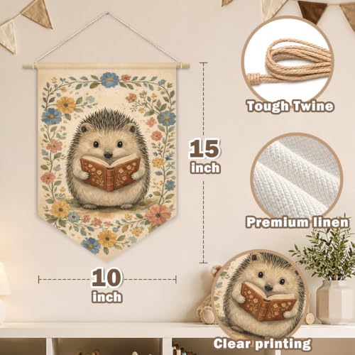 Cute Hedgehog Reading Book Woodland Nursery Decor Wall Hanging Flag - color: 01-Cute Hedgehog Reading Book(Beige)
