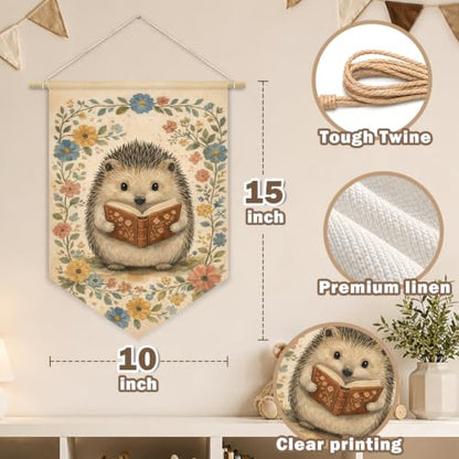 Cute Hedgehog Reading Book Woodland Nursery Decor Wall Hanging Flag - color: 01-Cute Hedgehog Reading Book(Beige)