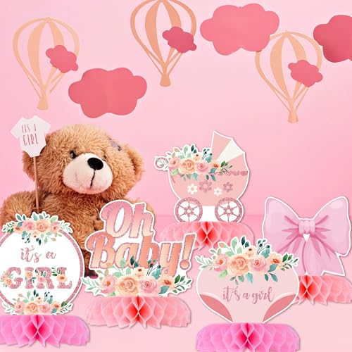 12 Pcs Baby Shower Decorations for Girl Glitter Pink Honeycomb Centerpieces - style: baby shower