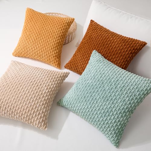 Kevin Textile Decorative Pillow Covers 18x18 Inch Set of 4 Soft Boho Corduroy Throw Pillow Cases Mix and Match Colors Plush Texture Throw Pillows for Sofa Couch Bedroom Home Decor Orange/Teal - color: Orange Teal, size: 18" x 18" (Pack of 4)